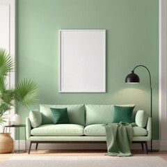 white poster frame close up in modern home interior with light green colored walls, wall mockup, 3d rendering