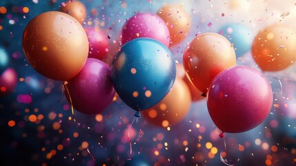 exuberant party scene explosion of colorful elements floating balloons swirling streamers twinkling lights joyous celebration atmosphere