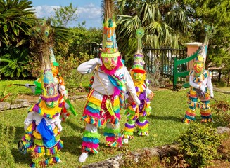 Gombey dancers, traditional performers, in troupes of 10 to 20, of a blend of Native American, Caribbean and British culture, dancing to a powerful drum beat, Bermuda