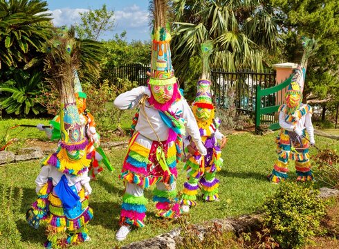 Gombey dancers, traditional performers, in troupes of 10 to 20, of a blend of Native American, Caribbean and British culture, dancing to a powerful drum beat, Bermuda