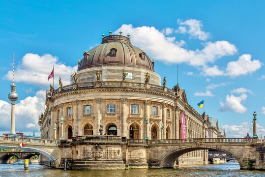 The Bode Museum, completed in 1904, housing art and coins collections, Museum Island, UNESCO World Heritage Site, with Berlin TV Tower to the left, Berlin, Germany 