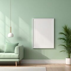 white poster frame close up in modern home interior with light green colored walls, wall mockup, 3d rendering
