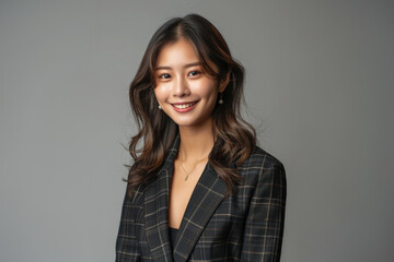 Obraz premium Smiling with confidence, a young woman in formal business attire radiates professionalism and elegance, ideal for corporate branding and promotion.