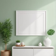 white poster frame close up in modern home interior with light green colored walls, wall mockup, 3d rendering