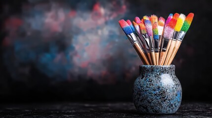 A vibrant collection of paintbrushes displayed in a stylish ceramic holder against a colorful background, perfect for artists and creatives.