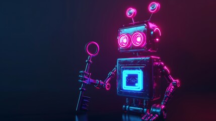 Naklejka premium Retro Robot Holding a Key in a Neon Lit Studio