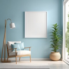 white poster frame close up in modern home interior with light blue colored walls, wall mockup, 3d rendering