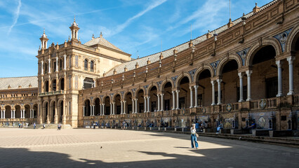 Detail of the Plaza de Espana, an architectural ensemble and largest building of the Ibero-American Exposition of 1929, Maria Luisa Park, Seville, Andalusia, Spain