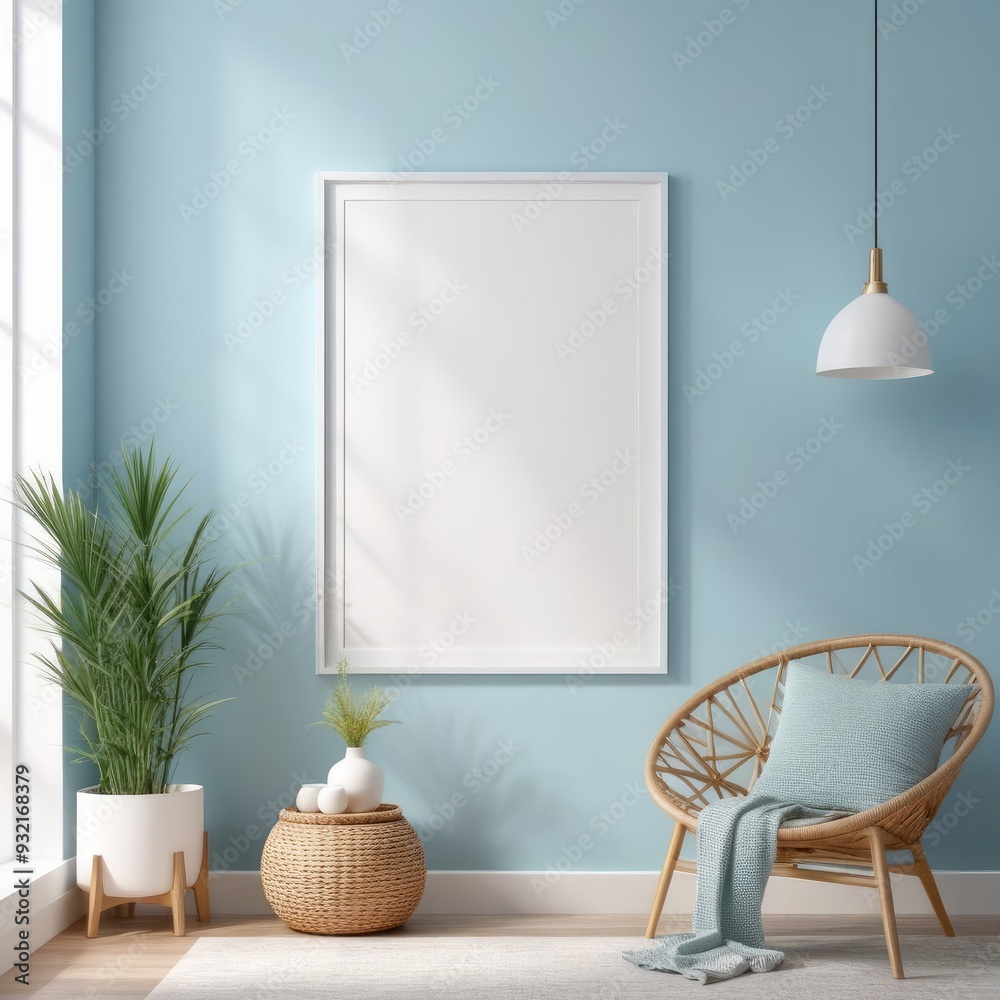 Wall mural white poster frame close up in modern home interior with light blue colored walls, wall mockup, 3d r