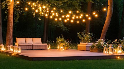 A stylish terrace features wicker sofas, glowing lanterns, and twinkling string lights, offering a cozy space for relaxation on a tranquil night