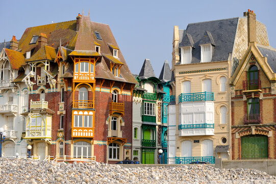 Maisons a colombages, Belle Epoque seafront villas, Mers-les-Bains, Somme department, Hauts-de-France, France