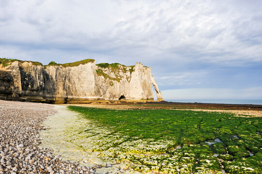 Foreshore at low tide and cliff, Etretat, Seine-Maritime department, Normandy region, France