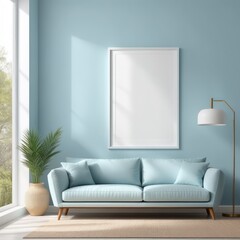 white poster frame close up in modern home interior with light blue colored walls, wall mockup, 3d rendering