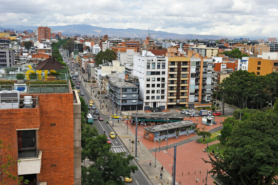 View over the Carrera 15 at the intersection with the Park Virrey, Zona Rosa area, Bogota, Colombia