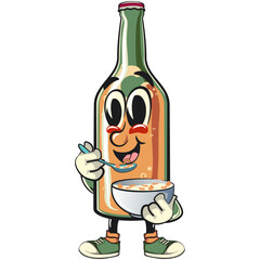 bottle beer cartoon character retro vector design with a bowl of milk with cereal, work of hand drawn