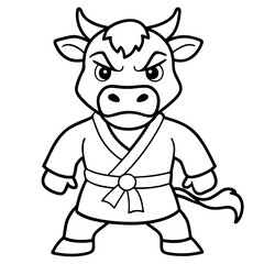 Angry Karate cow White Background line art vector illustration