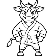 Angry Karate cow White Background line art vector illustration