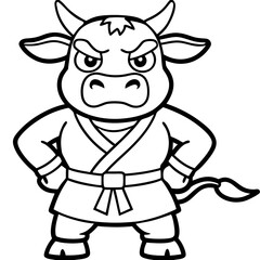 Angry Karate cow White Background line art vector illustration