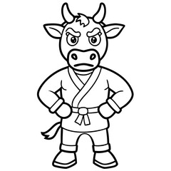 Angry Karate cow White Background line art vector illustration