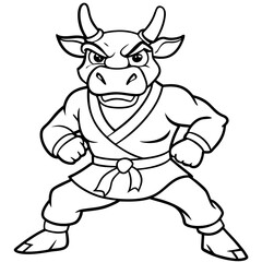Angry Karate cow White Background line art vector illustration