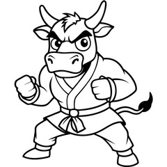 Angry Karate cow White Background line art vector illustration