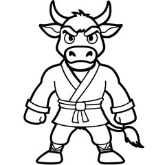 Angry Karate cow White Background line art vector illustration