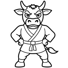 Angry Karate cow White Background line art vector illustration