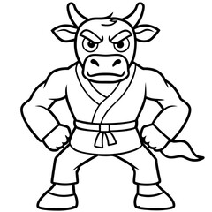 Angry Karate cow White Background line art vector illustration