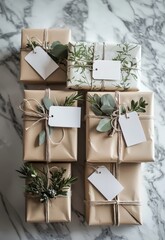 A collection of elegantly wrapped gifts adorned with natural accents and blank tags rests atop a marble surface, celebrating a special moment.