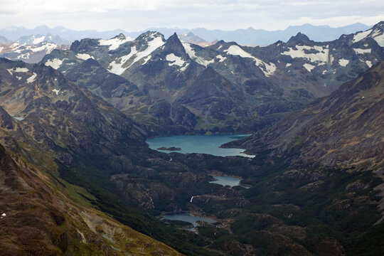 Looking across the wilderness of Tierra del Fuego from the Cordon Martial mountains, Patagonia, Argentina