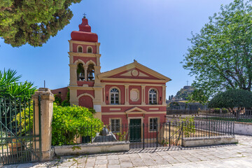View of Holy Church of the Virgin Mary Mandrakina from Garden of the People in Corfu Town, Corfu, Ionian Sea, Greek Islands, Greece
