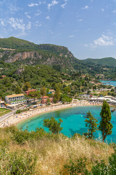 View of Agios Spiridon Beach from Monastery of Paleokastritsa in Palaiokastritsa, Corfu, Ionian Sea, Greek Islands, Greece