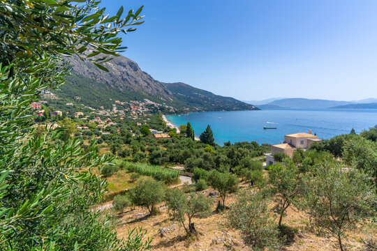 View of Ionian Sea and Paralia Mparmpati, Barbati, Corfu, Ionian Sea, Greek Islands, Greece