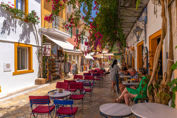 View of cafes and restaurants in Gaios Plaza de l'Ascension in Gaios Town, Paxos, Ionian Sea, Greek Islands, Greece