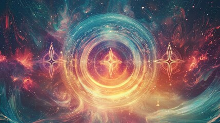 A dynamic visualization of sound wave patterns merging with symbols of meditation and energy flow, set against a backdrop of swirling cosmic colors. High resolution 8K