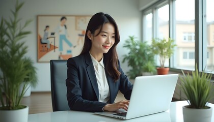 Depict a modern, professional woman in a business setting, elegantly dressed and engaged in various tasks such as working on a computer, attending meetings, or talking on the phone.