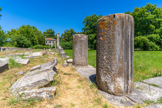 View of Ancient Agora of Thasos in Thassos Town, Thassos, Aegean Sea, Greek Islands, Greece