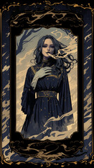 Obraz premium A witch stirring a bubbling cauldron with magical symbols floating around her, Halloween card