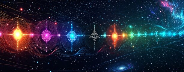 An abstract design showcasing a network of sound waves and meditation symbols, with luminous energy flowing through each chakra. The cosmic backdrop features swirling galaxies. High resolution 8K