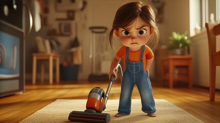 Determined Young Girl in Overalls with Vacuum Cleaner: Embrace the Spirit of Cleanliness - Perfect for Cozy Room Decor or a Motivational Poster in Kids' Playroom!