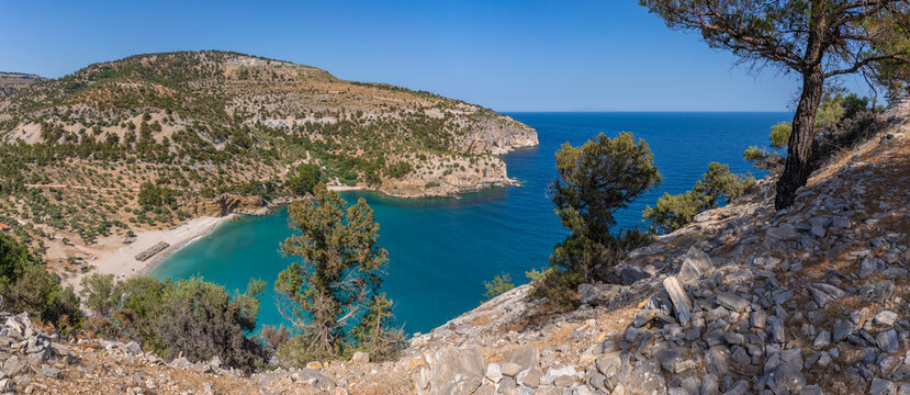 View of Livadi Beach and Holy Monastery of the Archangel Michael from Viewpoint Archangel Michael, Thasos, Thassos, Aegean Sea, Greek Islands, Greece