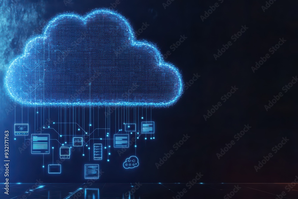 Poster futuristic cloud computing concept with digital icons and data symbols, representing data storage an