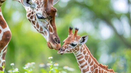 A cute baby reticulated giraffe gently touches its mother in a vibrant, green habitat