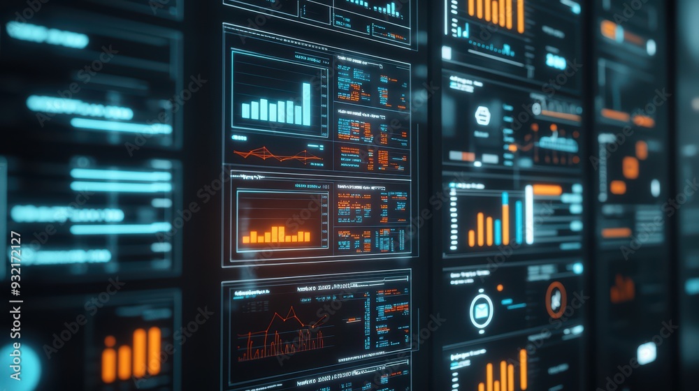 Poster futuristic data dashboard with vibrant graphs and metrics, showcasing analytics in a digital environ
