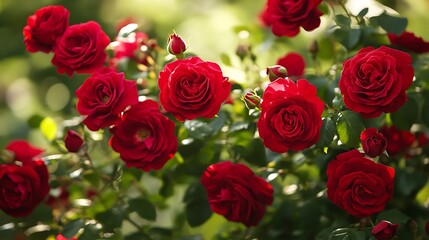 Fototapeta premium A cluster of vibrant red roses in full bloom, with green leaves and a soft, blurred background.