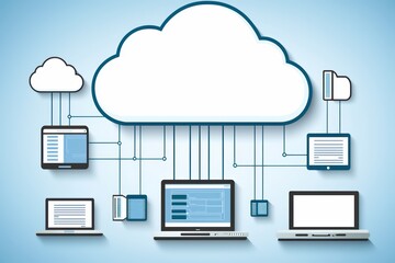 Modern cloud computing illustration with devices connected to a cloud, depicting data storage and technology.