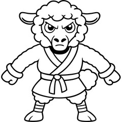 Angry Karate sheep White Background line art vector illustration