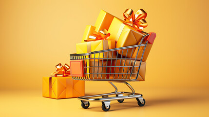 generated illustration of shopping cart with gift boxes, isolated on yellow background