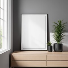 white color poster frame close up view in modern house interior with dark colored walls, wall mockup, 3d rendering