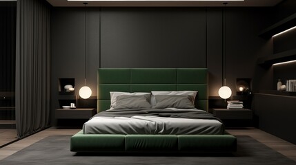 Modern Minimalist Bedroom Interior Design with Green Headboard